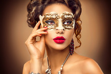 Beauty Model Woman Wearing Venetian Masquerade Carnival Mask At Party