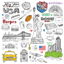 New York City Doodles Elements. Hand Drawn Set With, Taxi, Coffee, Hotdog, Burger, Statue Of Liberty, Broadway, Music, Coffee, Newspaper, Manhatan Bridge, Central Park. Doodle Collection, Isolated