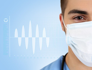 Poster - Healthcare and medicine concept. Young male doctor in medical mask