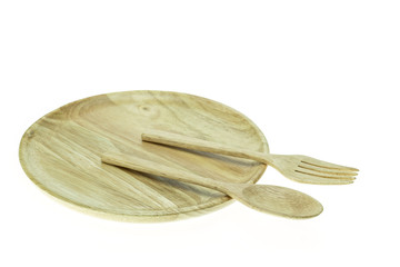 Empty flat wooden dish, fork and spoon isolated on white backgro