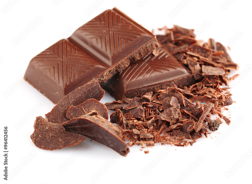 Dark chocolate pieces isolated on white