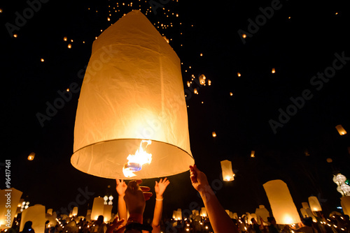 Fotografie, Obraz Sky floating lantern, Yi Peng,Firework Festival , Chiangmai , Thailand