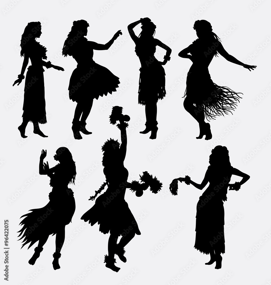 Hawaiian hula girl. Posing, dancing, sensual and sexy woman silhouette. Good use for symbol, logo, web icon, mascot, game elements, or any design you want. Easy to use, edit, or change color. - obrazy, fototapety, plakaty 