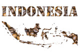 Fototapeta  - Indonesia word and country map shaped with coffee beans background