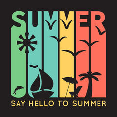 Wall Mural - Summer typography with beach icons, t-shirt graphics