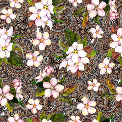 Wall Mural - Sakura (cherry, apple tree) flowers on ornamental background. Floral seamless pattern. 