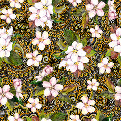 Wall Mural - Blossom flowers on decorative ornate wallpaper with gold ornament. Floral repeating pattern. Water colour