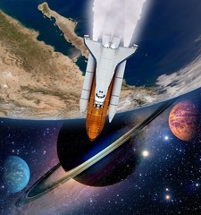 Wall Mural - shuttle rocket ship launch solar system astronomy saturn planet outer space. elements of this image 
