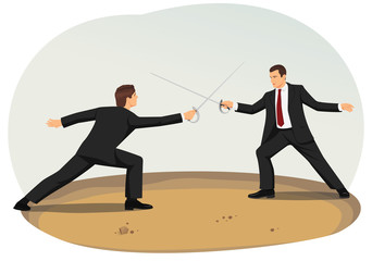 two businessmen are fencing. market competition and commercial disputes.