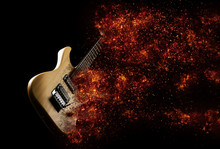 Electric Guitar In Fire Isolated On Black