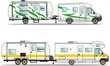 Set of car and travel trailers on a white background in flat style. Vector illustration
