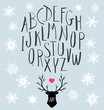 Hand Drawn Letters and Stag with Heart and Snowflakes Vector Set