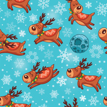 Christmas Deers In Cartoon Seamless Pattern