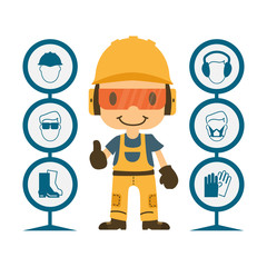 Wall Mural - Construction worker repairman thumb up, safety first, health and safety warning signs, vector illustrator