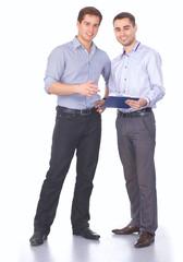 Two business men holding contract folder isolated on white 