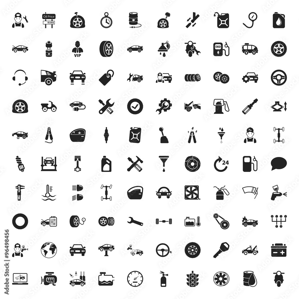 car repair 100  icons set for web - obrazy, fototapety, plakaty 