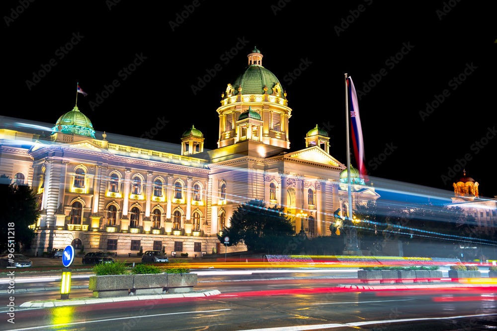 Obraz na płótnie Parliament of the Republic of Serbia in Belgrade at night w salonie