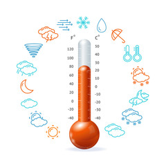 Wall Mural - weather concept. red thermometr and icon set. vector