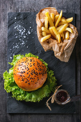 Wall Mural - Homemade hamburger with french fries