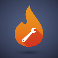 Sticker - Long shadow vector flame icon with a spanner