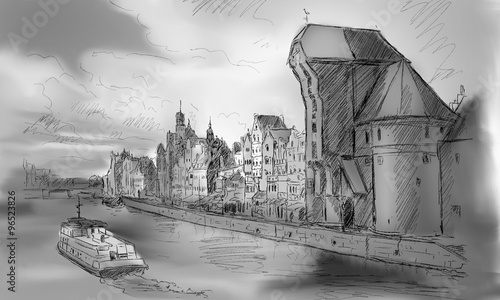 Tapeta ścienna na wymiar Gdansk old town and famous crane, Polish Zuraw. View from Motlawa river, Poland at romantic sunset, night. The city also known as Danzig and the city of amber.
