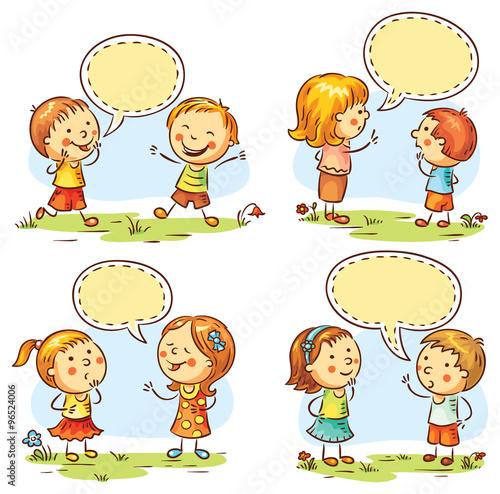 Happy kids talking and showing different emotions, set of four scenes with sp...