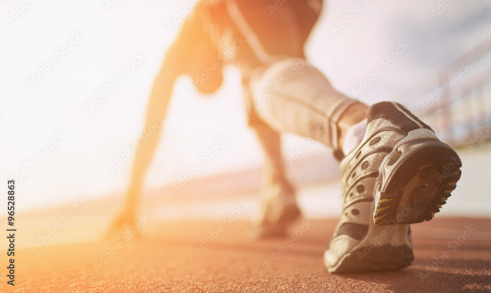 Athlete runner feet running on treadmill closeup on shoe - obrazy, fototapety, plakaty 