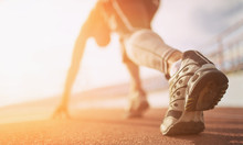 Athlete Runner Feet Running On Treadmill Closeup On Shoe