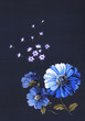 어둠속에서 빛나는 푸른빛 제라늄과 작은 꽃의 흩뿌림