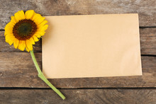 Blank Card With Beautiful Sunflower On Wooden Background