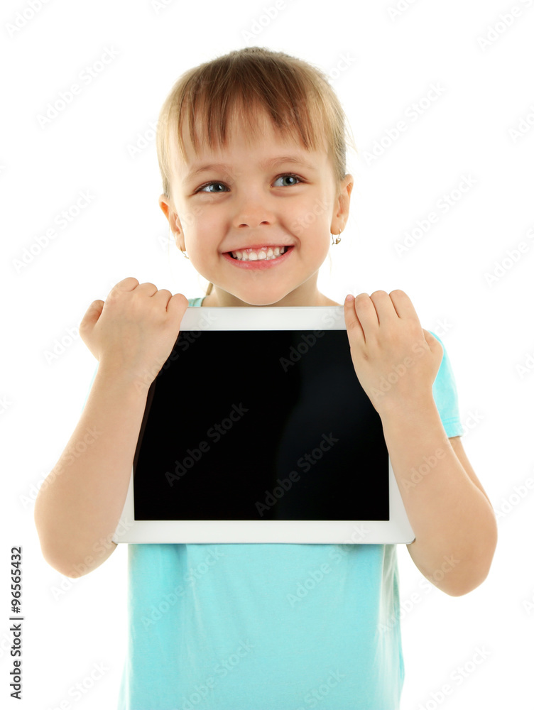 Beautiful little girl with digital tablet, isolated on white