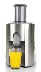 Poster - Stainless juice extractor with glass of orange juice isolated on white background