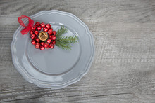 Christmas Table Place Setting With Christmas Pine Branches, Decorations. Christmas Holidays Background.  Top View With Copy Space. Christmas Menu Concept.