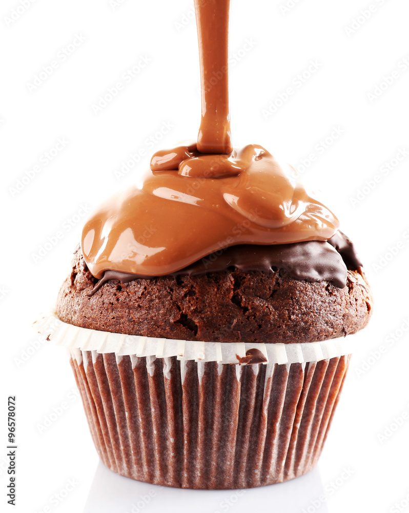 Delicious cupcake with melted chocolate topping, isolated on white