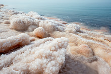 Salt At The Dead Sea Beach. Jordan.