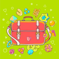 Vector colorful illustration of red shoulder bag on green backgr