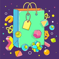 Vector colorful illustration of green shopping bag on dark backg