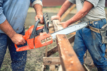 workers, handymen cutting timber wood using mechanical chainsaw.