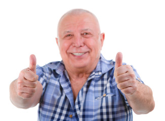 Closeup portrait, Happy smiling old man with white teeth, shows