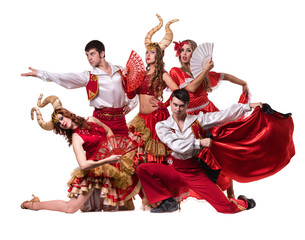 Cabaret dancer team dancing.  Isolated on white background in full length