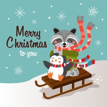 Funny Cartoon Christmas Card, Banner And Poster Design. Vector Illustration. 