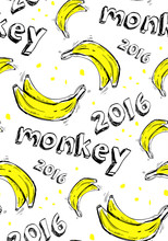 Print, Seamless Pattern With With Yellow Bananas, Inscription "monkey 2016" On A White Background, Vector Illustration