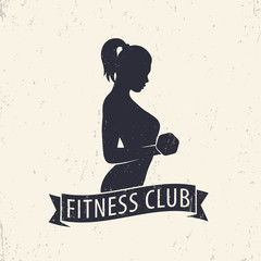 Wall Mural - Fitness Club logo element with posing athletic girl, vector illustration