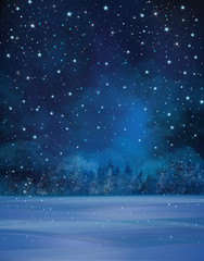 Wall Mural - vector winter night scene, starry sky, snow and forest backgroun