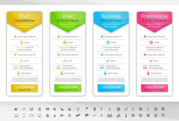 Light pricing table with 4 options. Icon set included