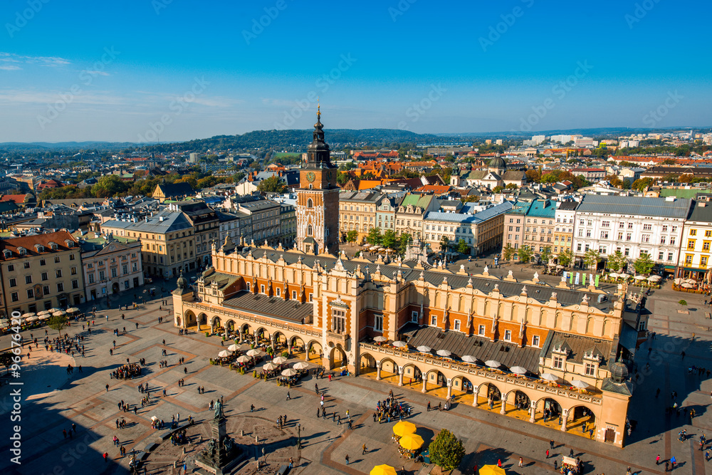 Aerial view on the main market square in Krakow  - obrazy, fototapety, plakaty 