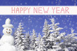 verschneiter Winterwald mit Schneemann, Happy New Year Text