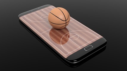 Wall Mural - Basketball field with ball on smartphone edge display, isolated on black.