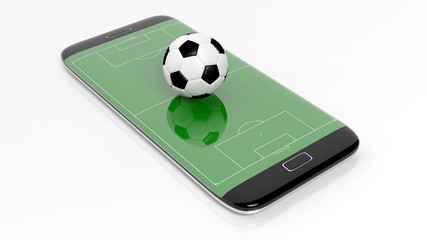 Wall Mural - Soccer field with ball on smartphone edge display, isolated on white.