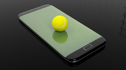 Wall Mural - Tennis field with ball on smartphone edge display, isolated on black.